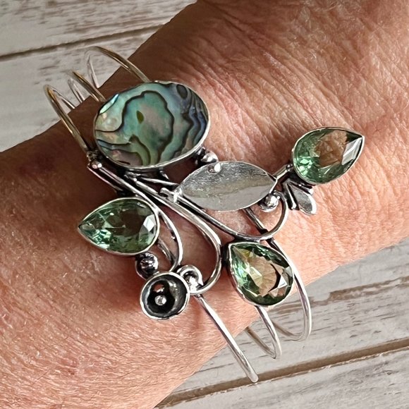 Abalone Shell Peridot Bangle Bracelet Handmade Stone Gemstone Crystal 925 Silver - Picture 9 of 13